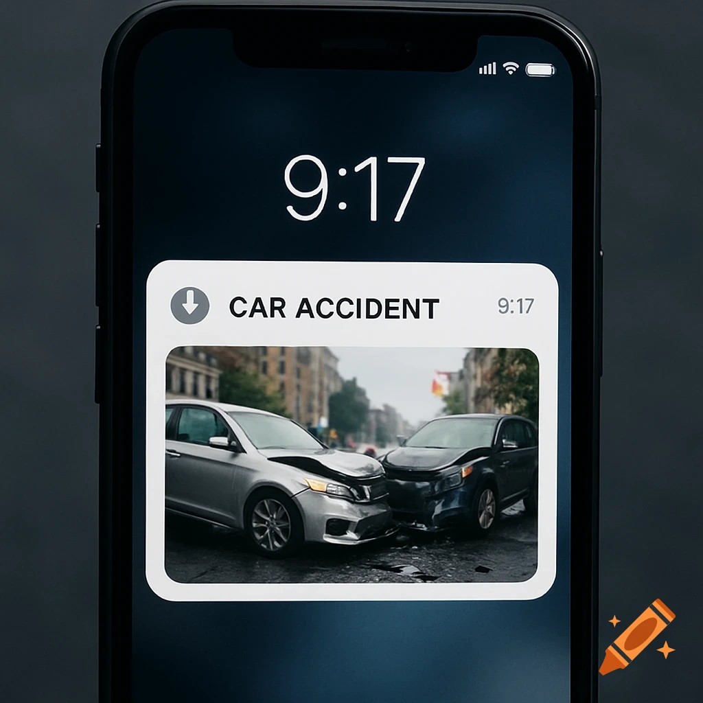 Smartphone displaying a notification about a car accident showing two crashed cars on a street.