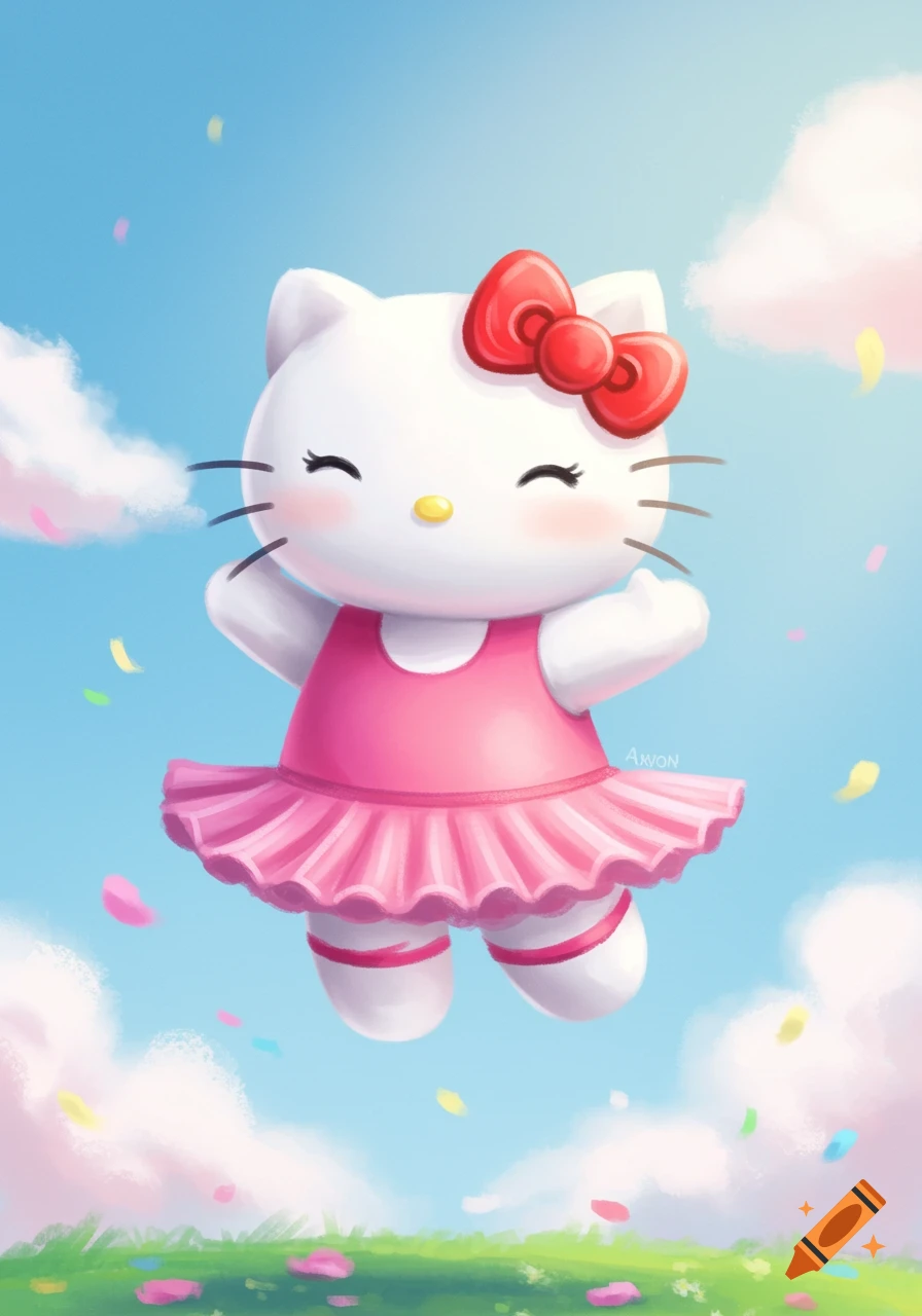 Illustration of Hello Kitty in a pink tutu leaping in the air against a blue sky with clouds and confetti.