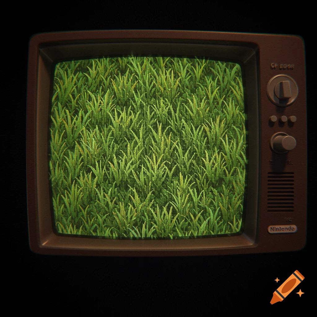A retro brown television set displays a screen full of green grass textures.
