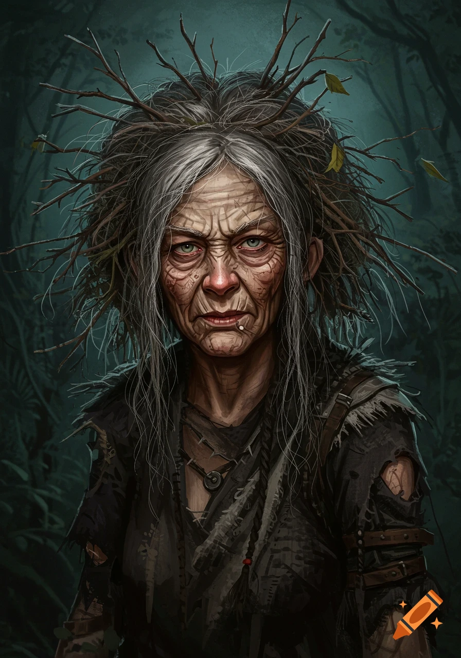 An old witch-like woman with twigs in her hair stands in a dark forest.