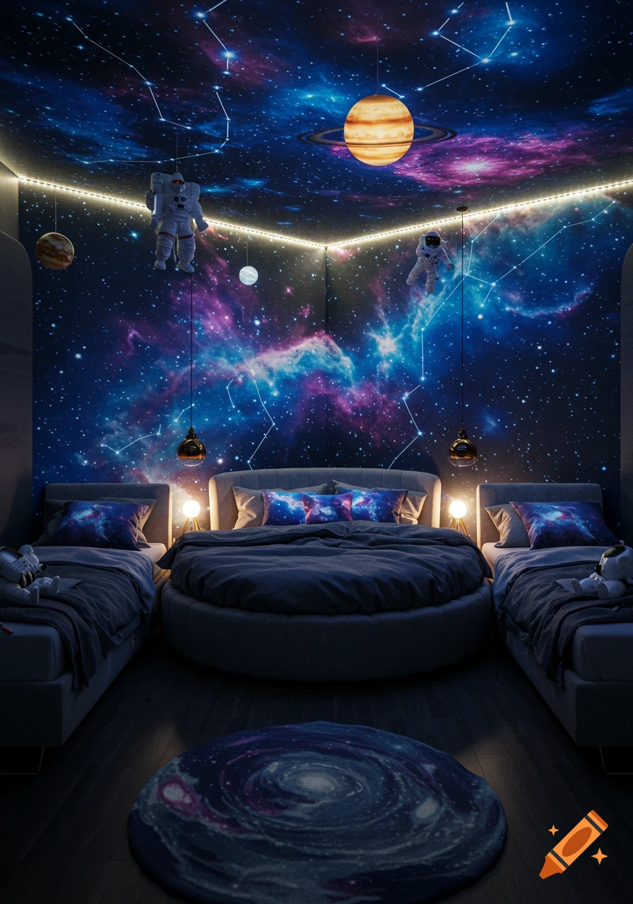 A bedroom decorated with a vibrant space theme, featuring galaxy walls, hanging planets and astronauts, and multiple beds.