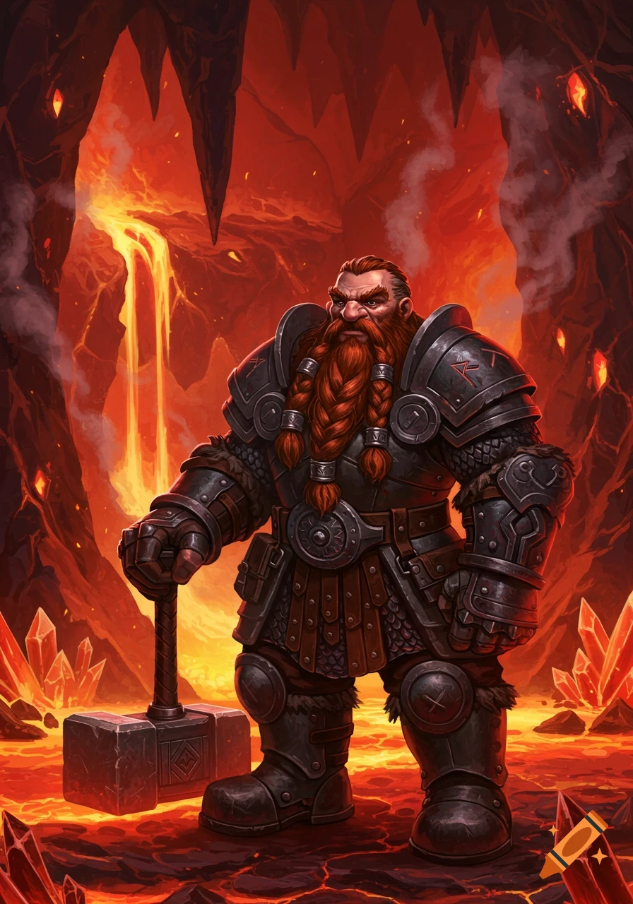 A dwarf with a hammer in a fiery cavern with lava and crystals.