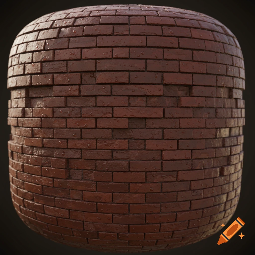 A rounded object textured like a wet red brick wall with dents on a dark background.