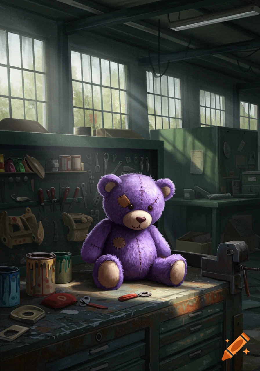 A worn purple teddy bear sits on a dusty workbench in an abandoned factory, sunlight streaming through windows.