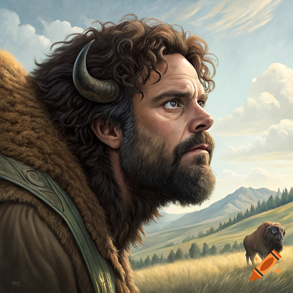 Portrait of a man with bison horns and fur looking over a grassy field with a bison in the distance.