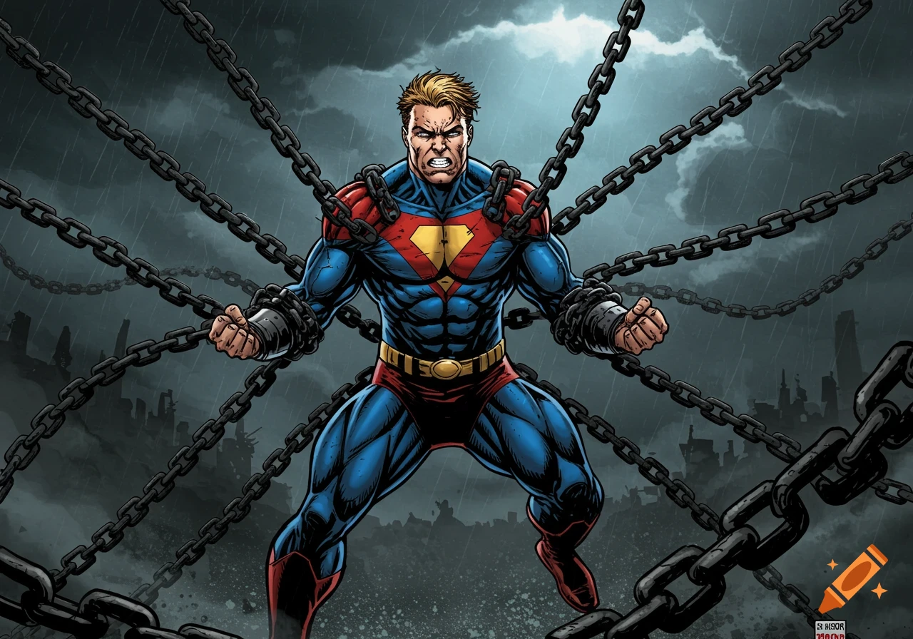 Comic art illustration of a male superhero in a red and blue costume bound by numerous heavy chains under a stormy sky.