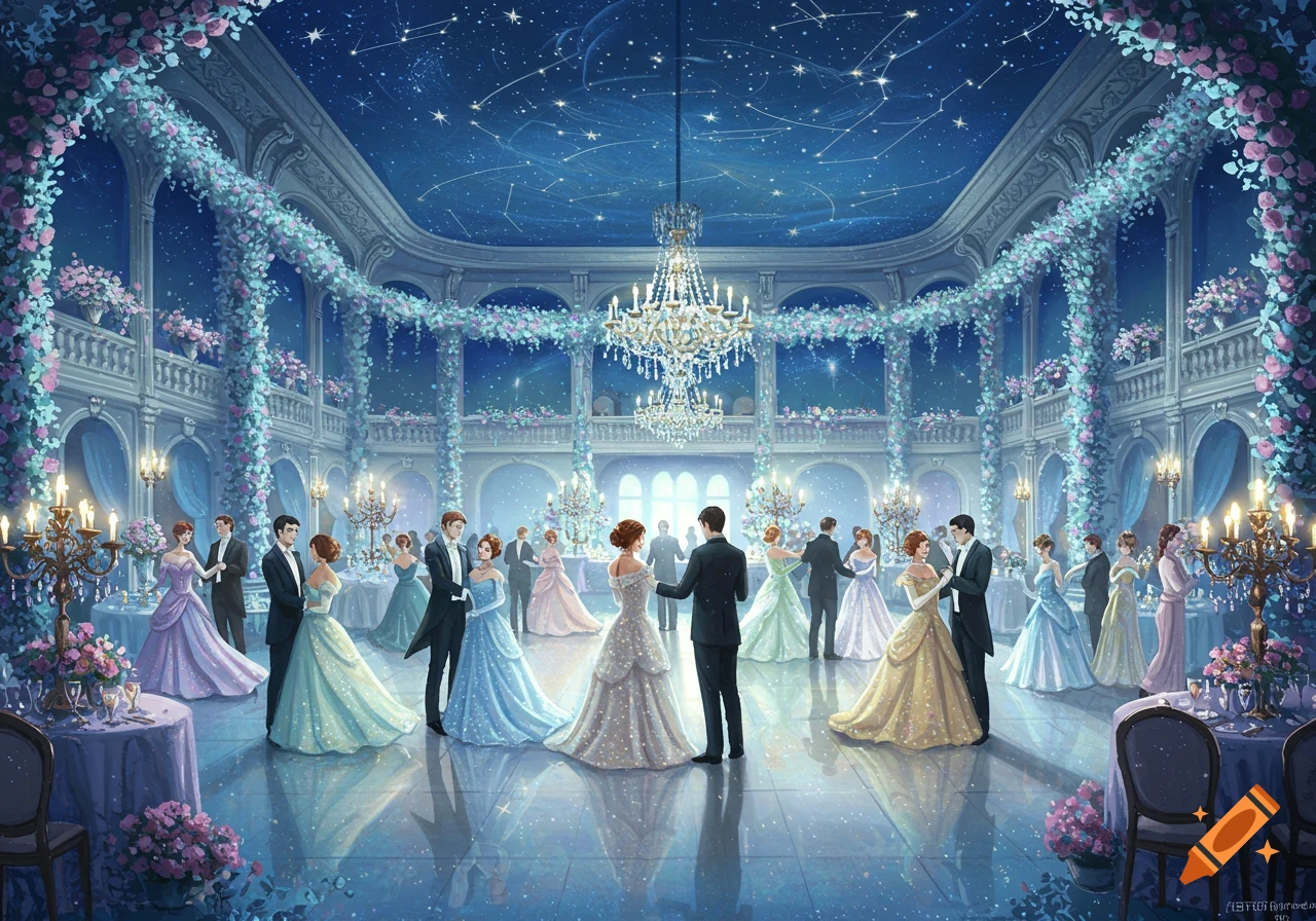A grand ballroom party is taking place under a starry, constellation-filled ceiling. The room is decorated with chandeliers and flowers.