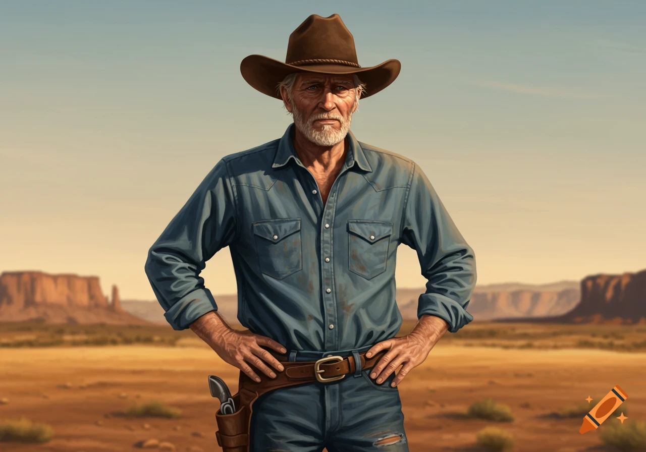 An old cowboy stands in a desert landscape