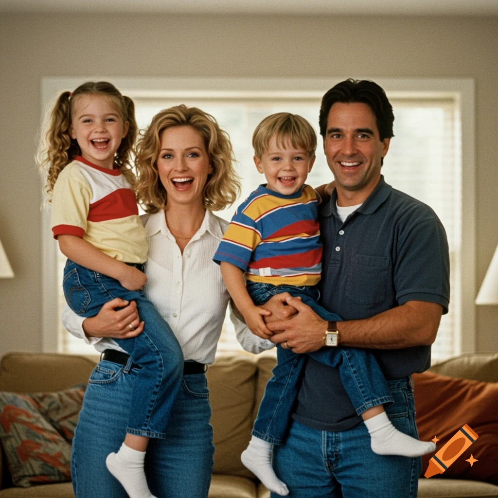 A smiling family of four, parents holding their young children, pose for a 90s style photo in a living room.