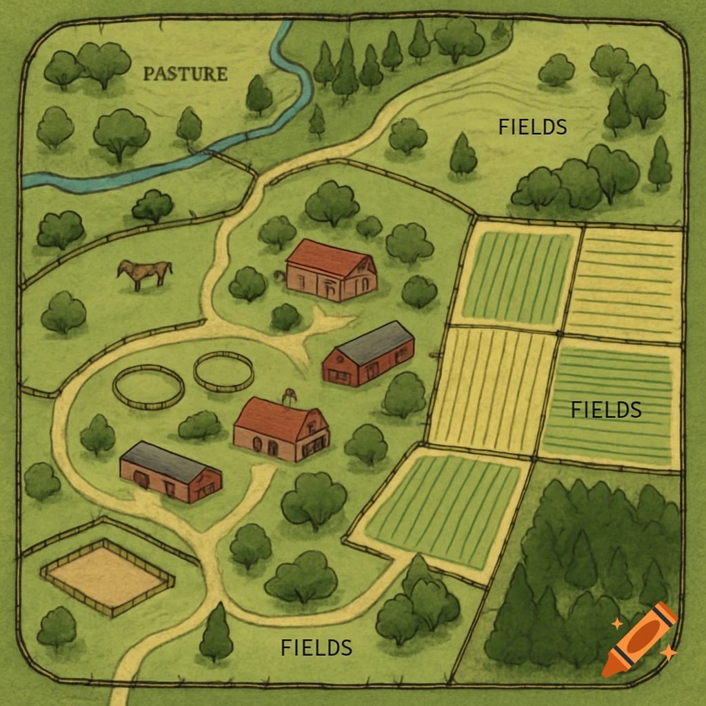 Illustrated map of a ranch with buildings, fields, pasture, river, and horse.