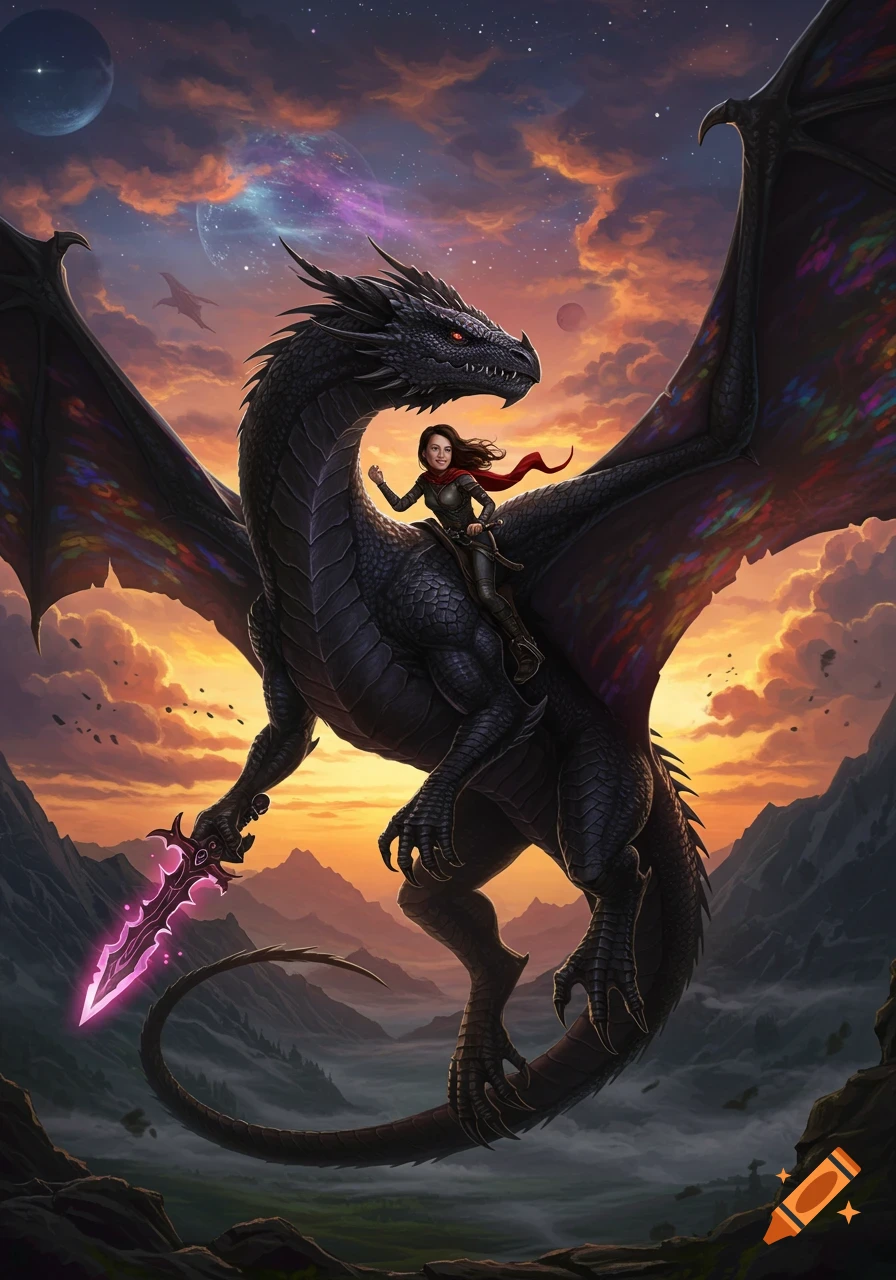 A person rides a large black dragon over mountains at sunset, holding a glowing sword.