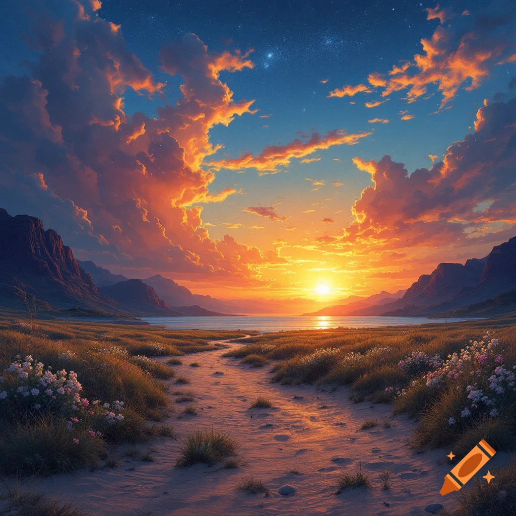 A vibrant sunset over a lake between mountains, with a sandy path leading through grassy dunes.