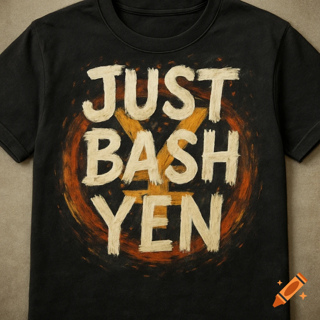 A black t-shirt with 'JUST BASH YEN' text and an orange symbol.