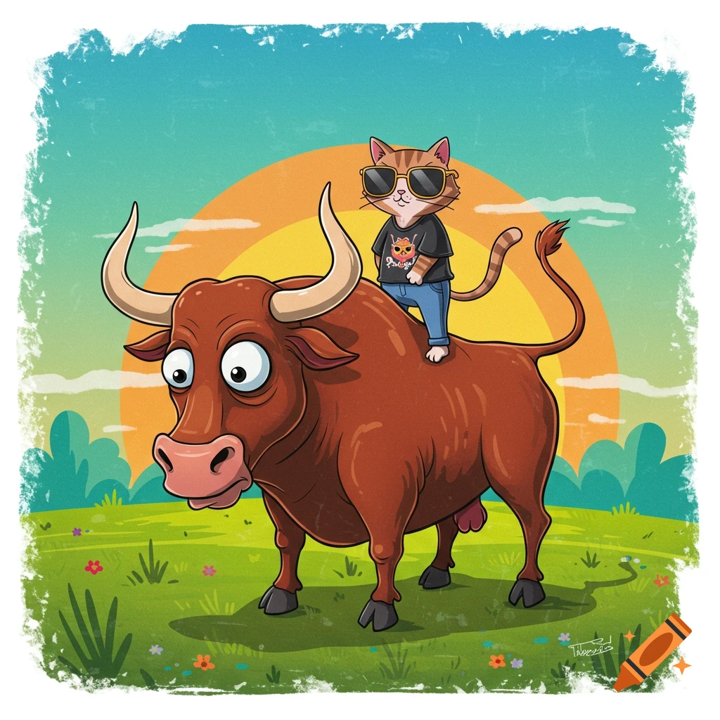 A cartoon cat in sunglasses is riding a bull in a field at sunset.