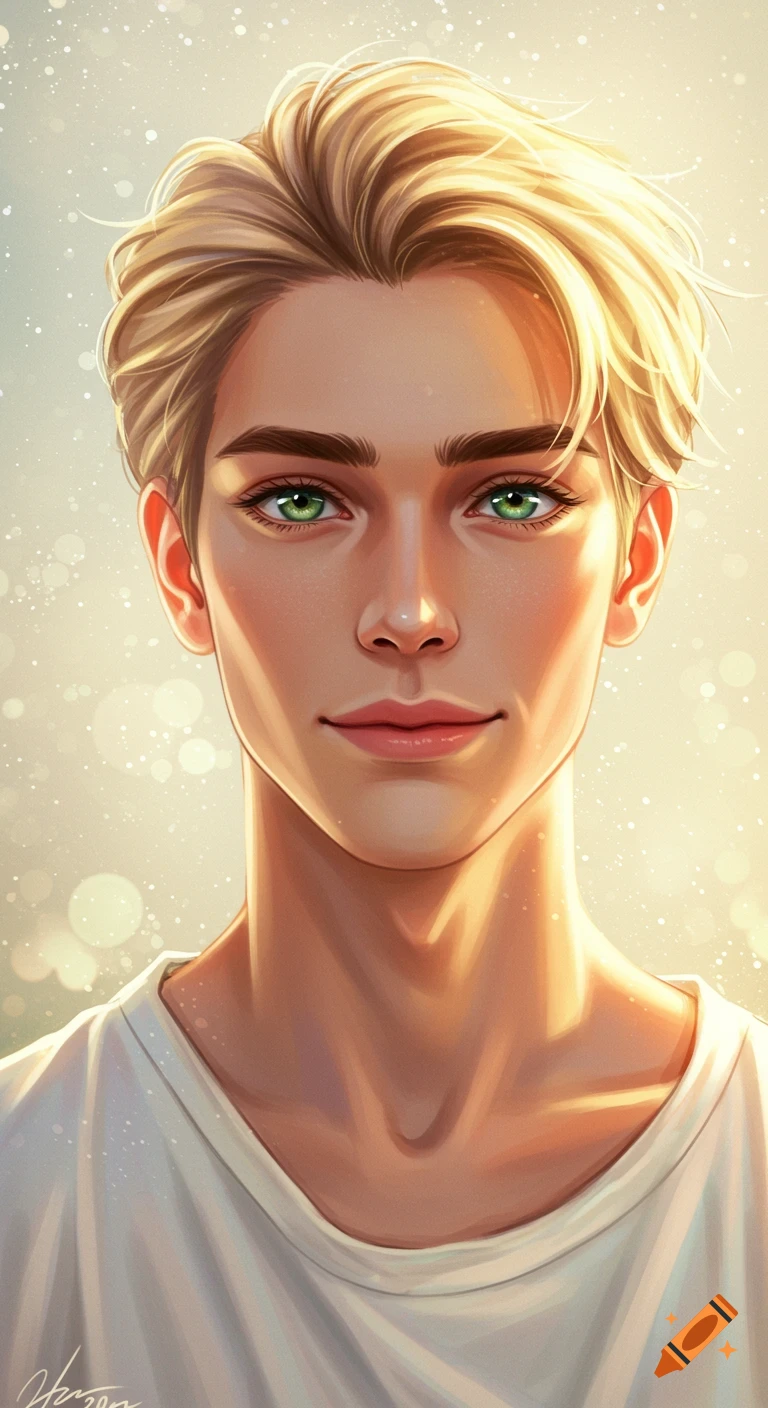 A handsome young man with blonde hair and green eyes.