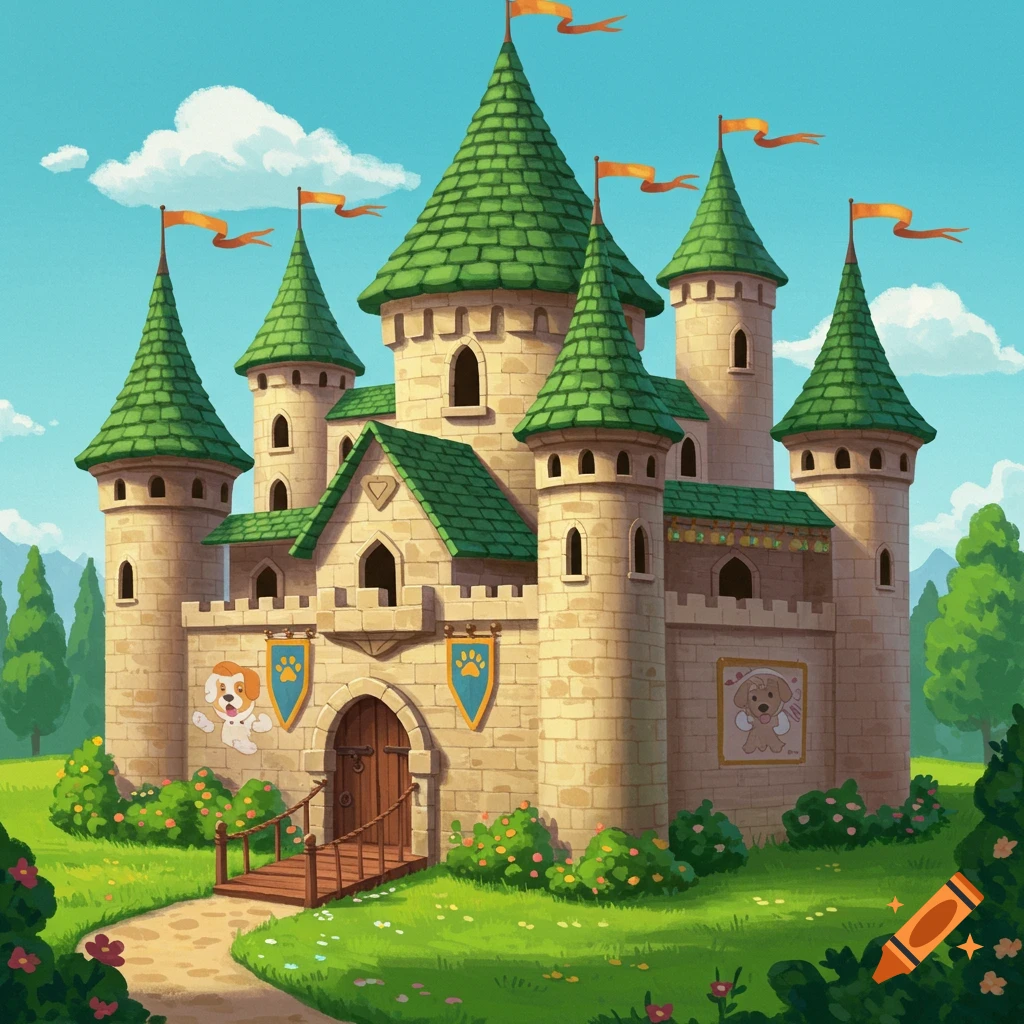 A cartoon castle with green roofs and paw print banners stands in a field of grass under a blue sky.