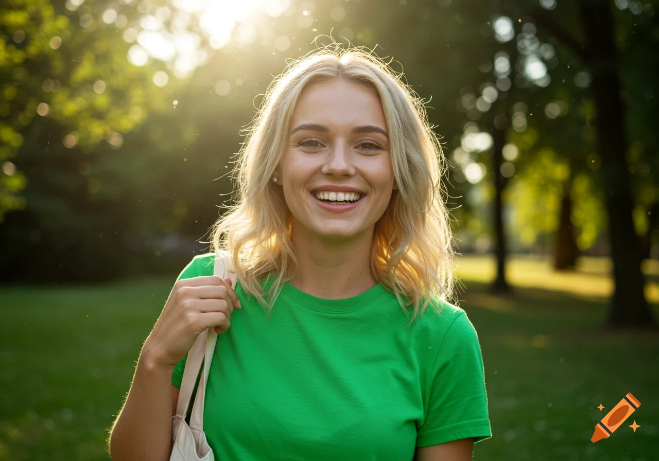 Young woman with blonde hair smiling in a green shirt outdoors, photorealistic style