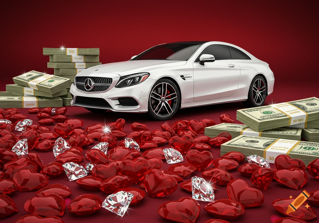 White Mercedes Benz coupe among stacks of money, red hearts, and diamonds on a red background.