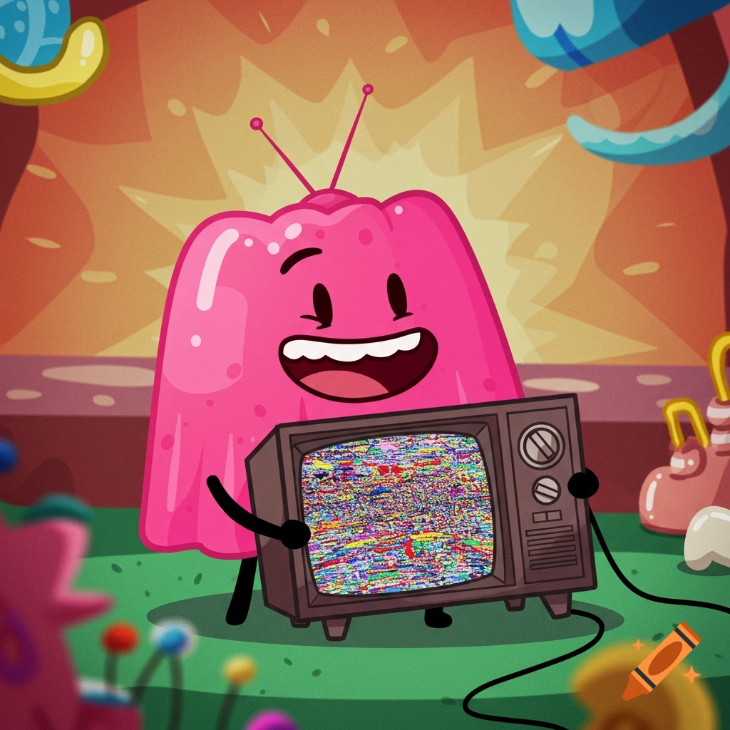 Cartoon pink gelatin character holding a static-filled TV in a bright, colorful setting.
