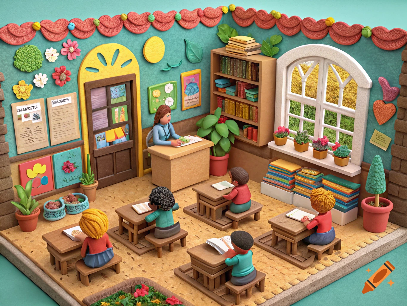 Claymation classroom scene with a teacher at a desk and students at small desks.