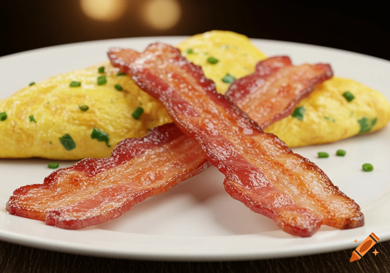 Two strips of bacon over scrambled eggs with chives on a white plate, close-up.