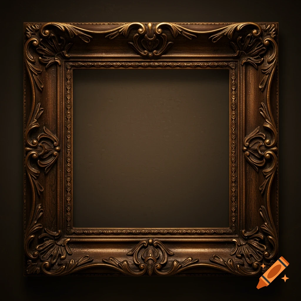 An ornate antique empty square wooden frame.