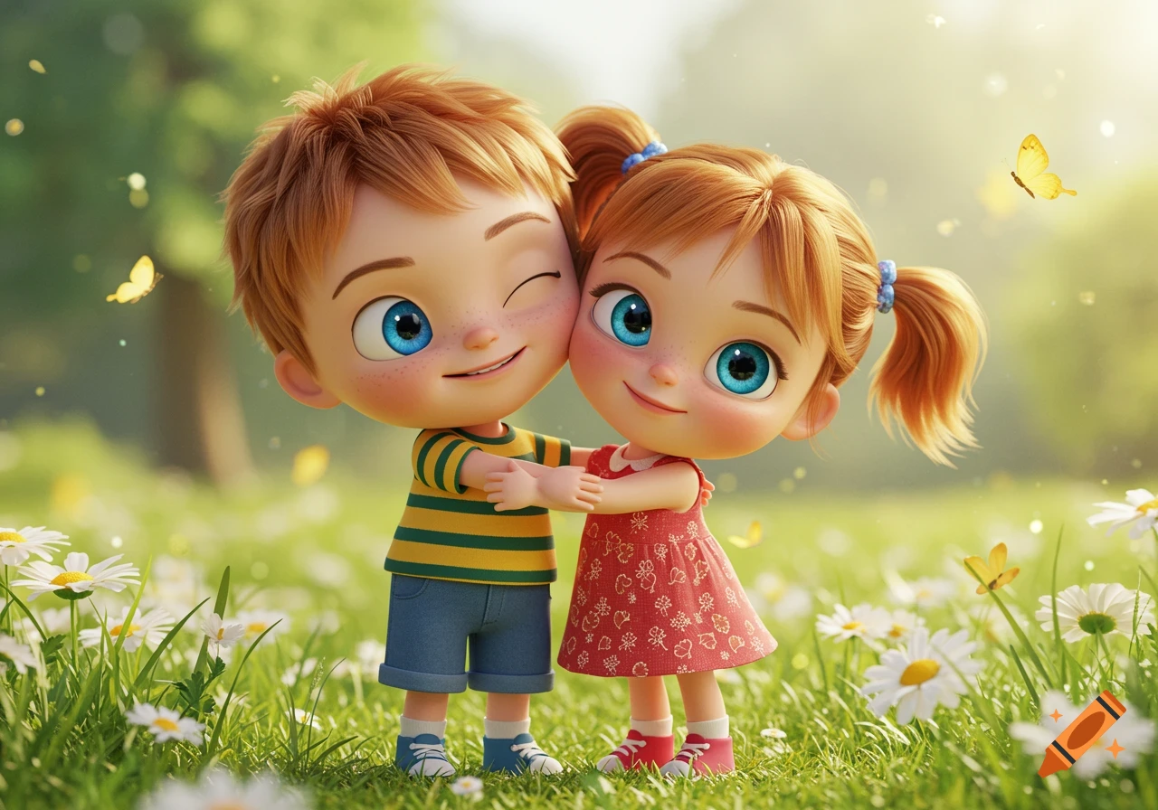 Cute cartoon boy and girl hugging in a sunny meadow with daisies and butterflies, children's book illustration style.