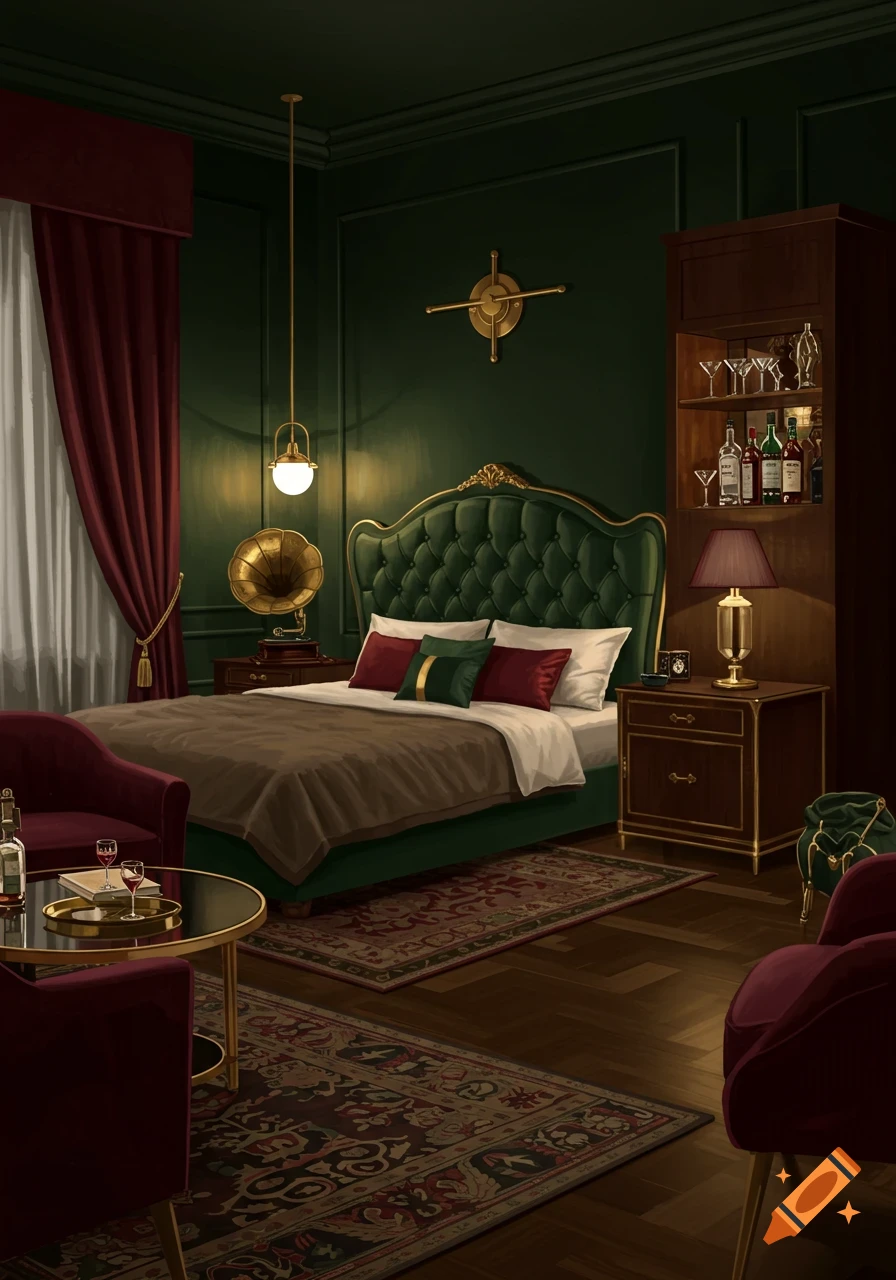 A dark green and red speakeasy-style bedroom with a large bed, armchairs, and bar cabinet.