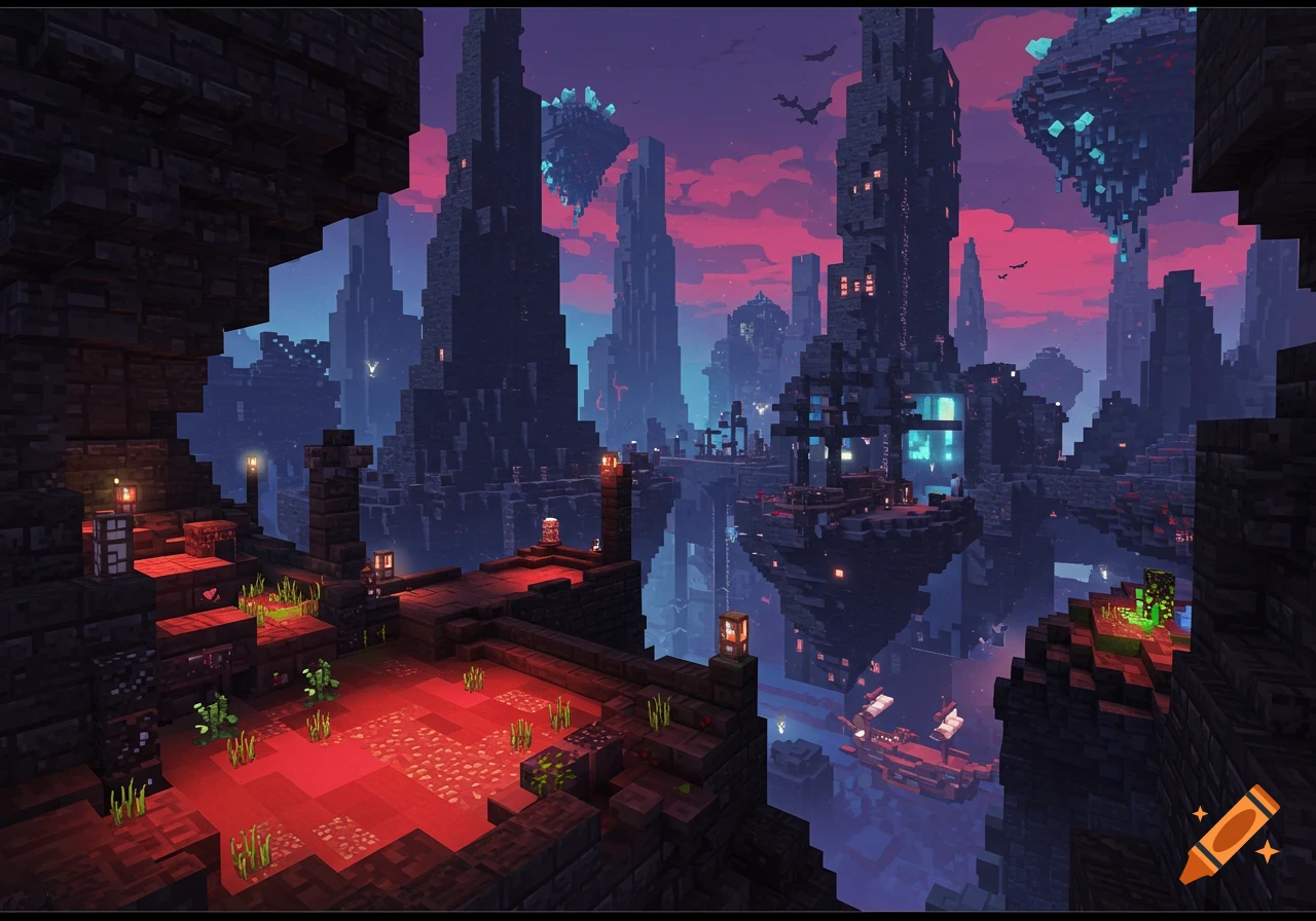 A blocky fantasy city scene with floating islands, towering structures, and a pink sky.