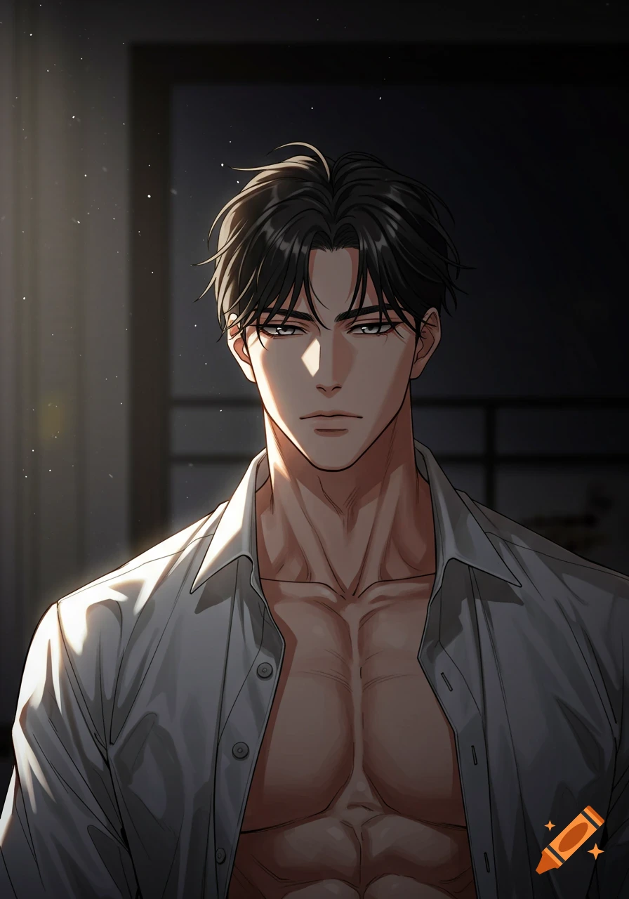 A bust-up portrait of a muscular man with dark hair and an unbuttoned white shirt, in a manhwa art style.