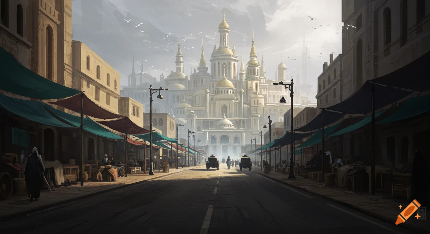A market street leads to a grand palace under a gray sky.