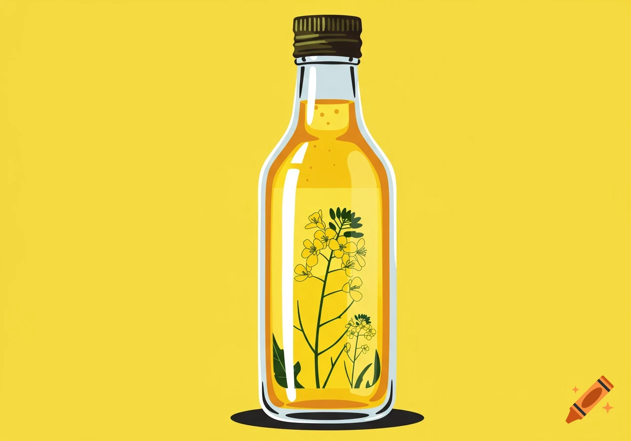 Vector graphic of a bottle of canola oil with a canola plant inside.