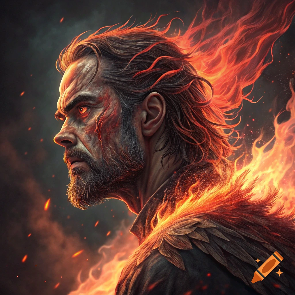 Profile portrait of a man with glowing eyes and scaly skin surrounded by fire, digital art style.