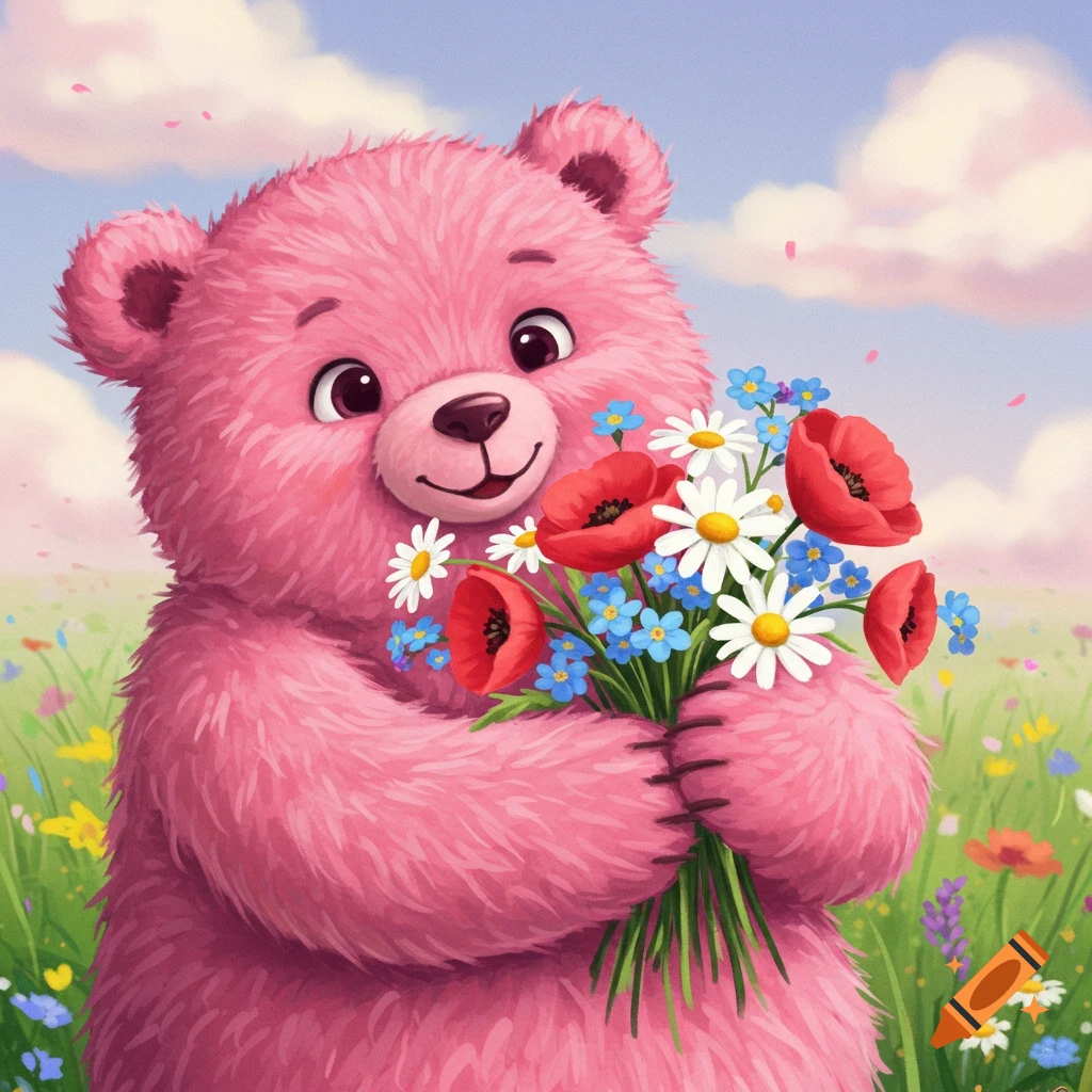A pink cartoon bear holds a bouquet of flowers in a field.