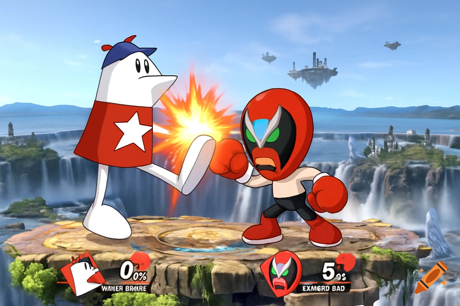 Homestar Runner fights Strong Bad on a floating stage in a Super Smash Bros style screenshot.