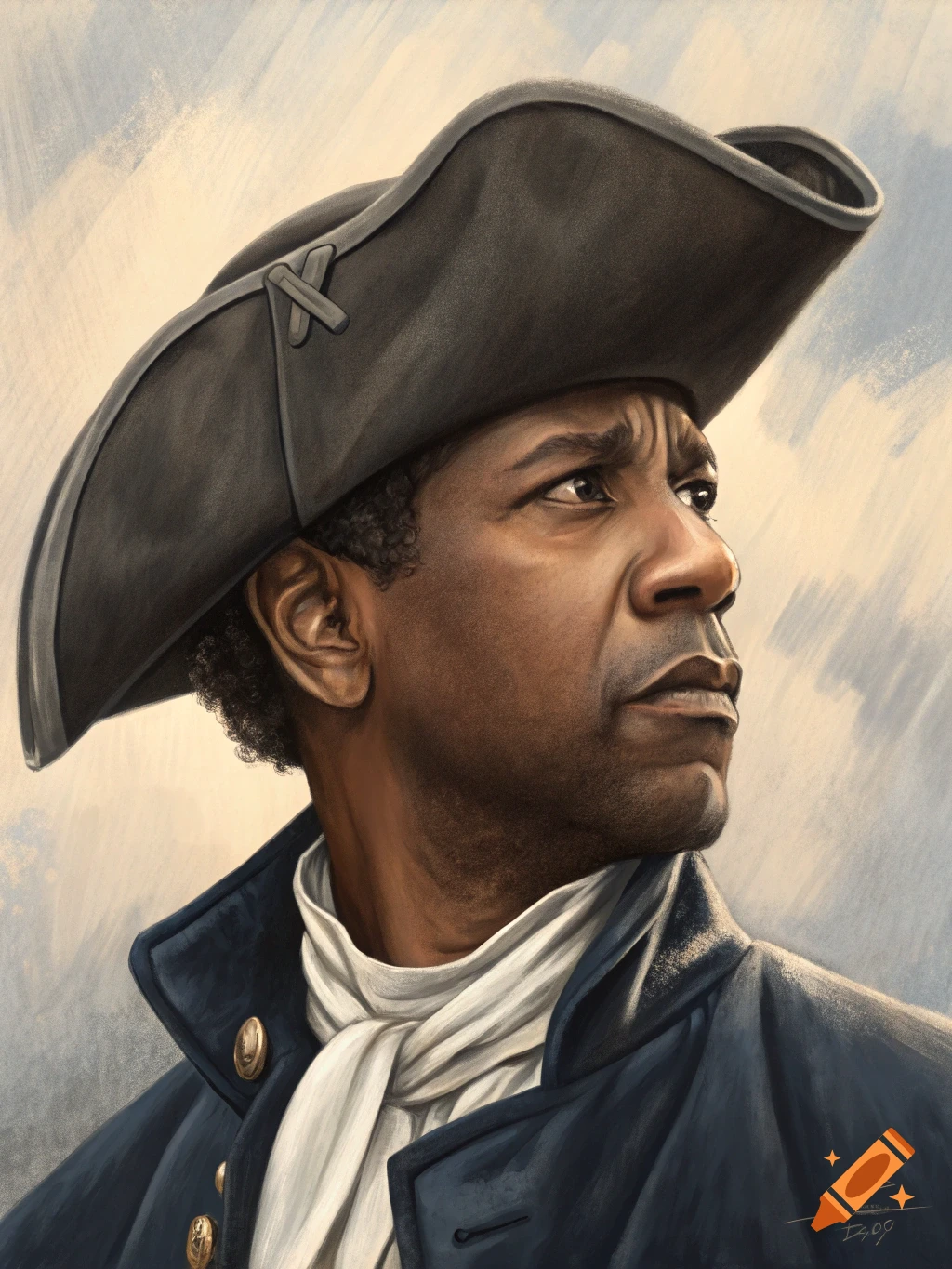 Portrait of Denzel Washington in a historical tri-corner hat