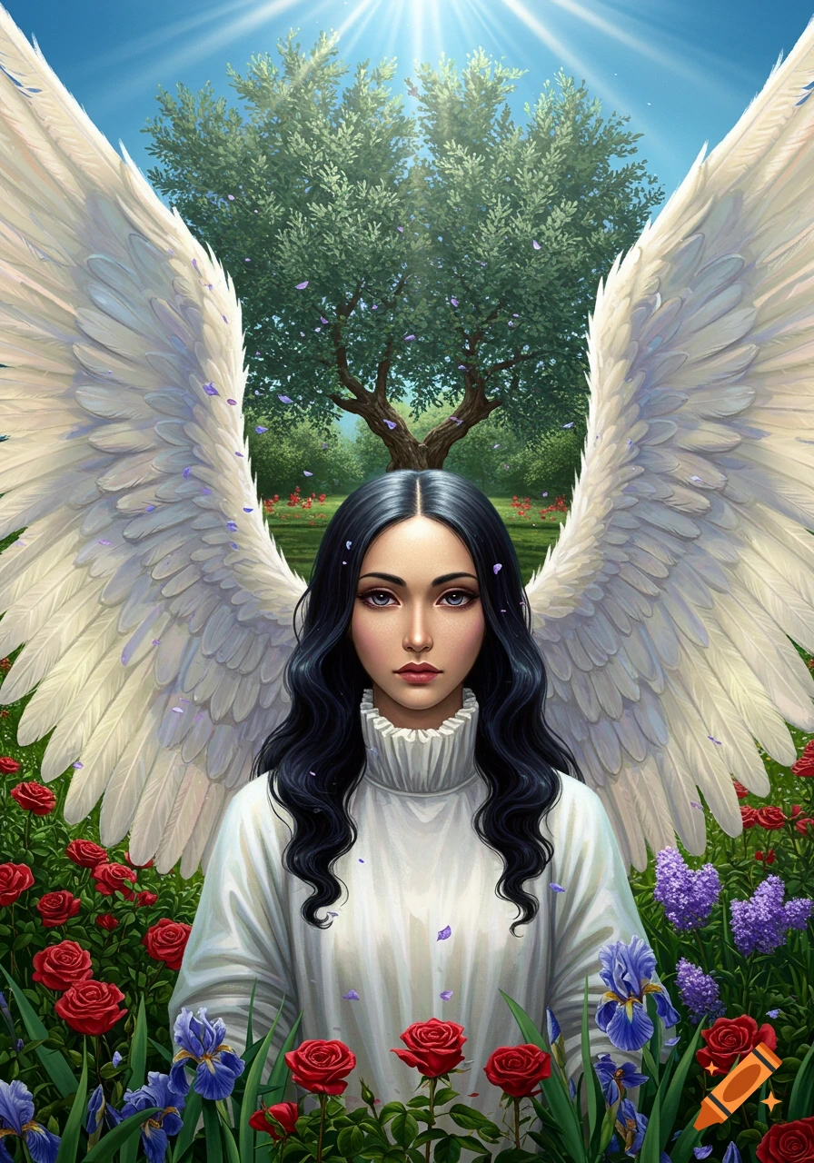 An angel with large white wings stands in a garden of roses, irises, and lilac under a sunny sky.