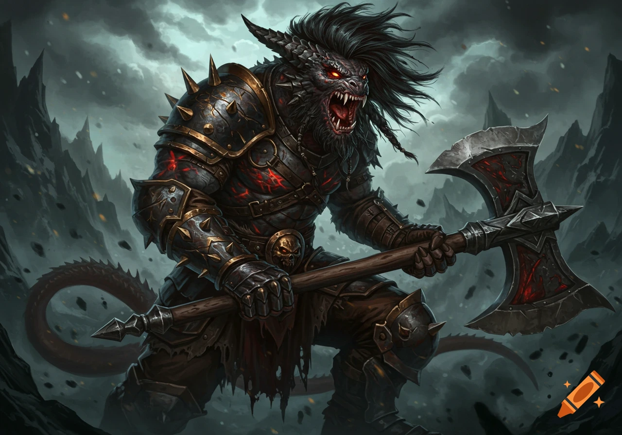A fearsome dragonborn warrior in dark armor holding a large double axe in a stormy, rocky landscape.