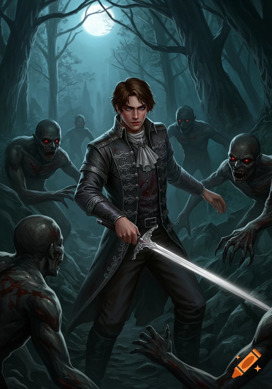 A young man battles monstrous creatures in a dimly lit forest, illuminated by the moon.