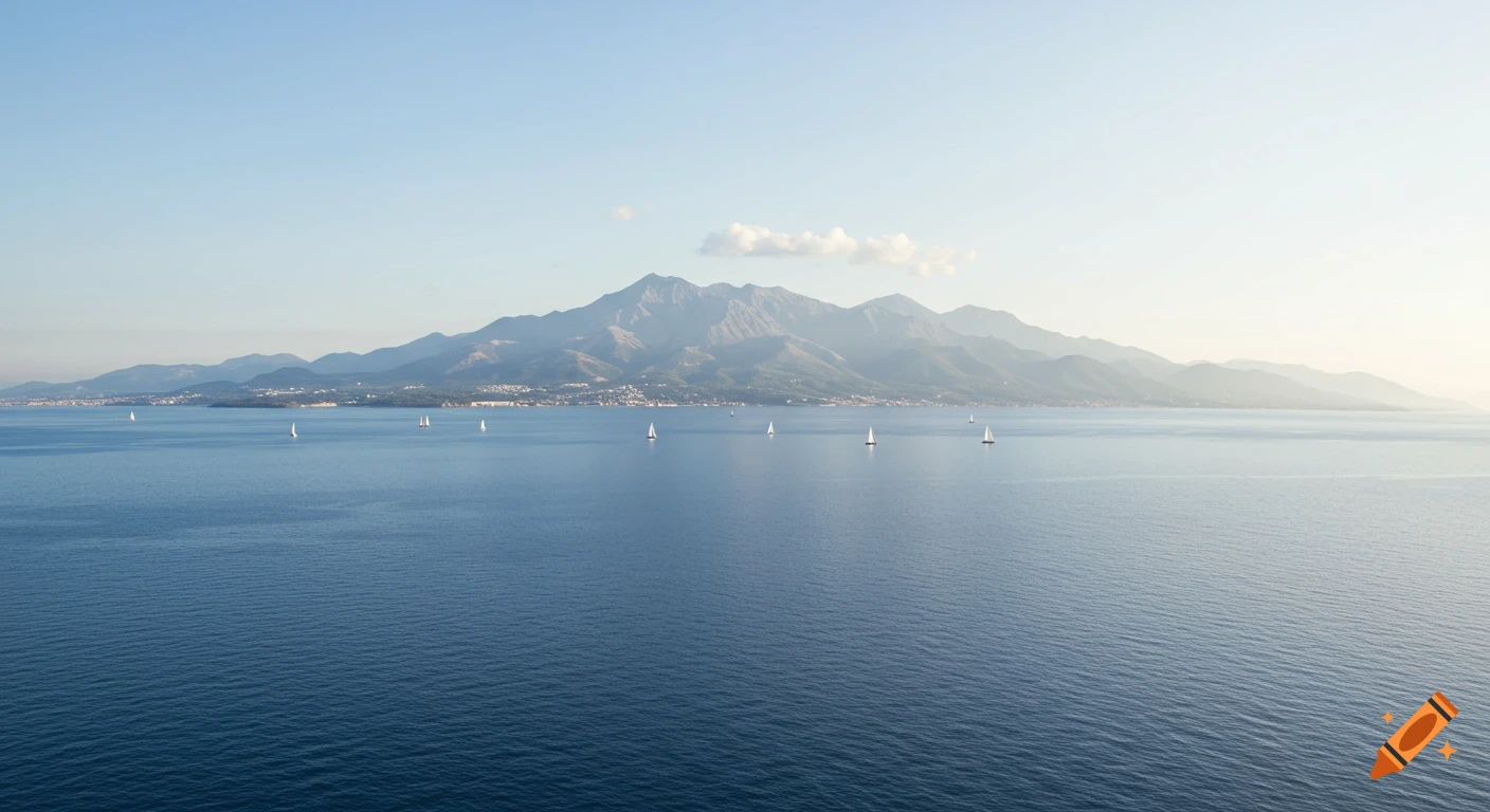 A wide shot of a calm sea with several sailboats and mountains in the distance under a hazy sky