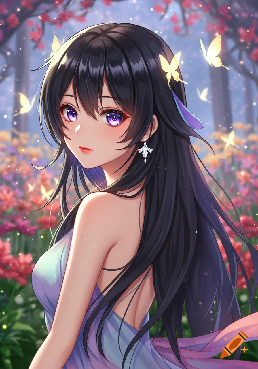 Anime portrait of a girl with long black hair and purple eyes in a garden with butterflies.