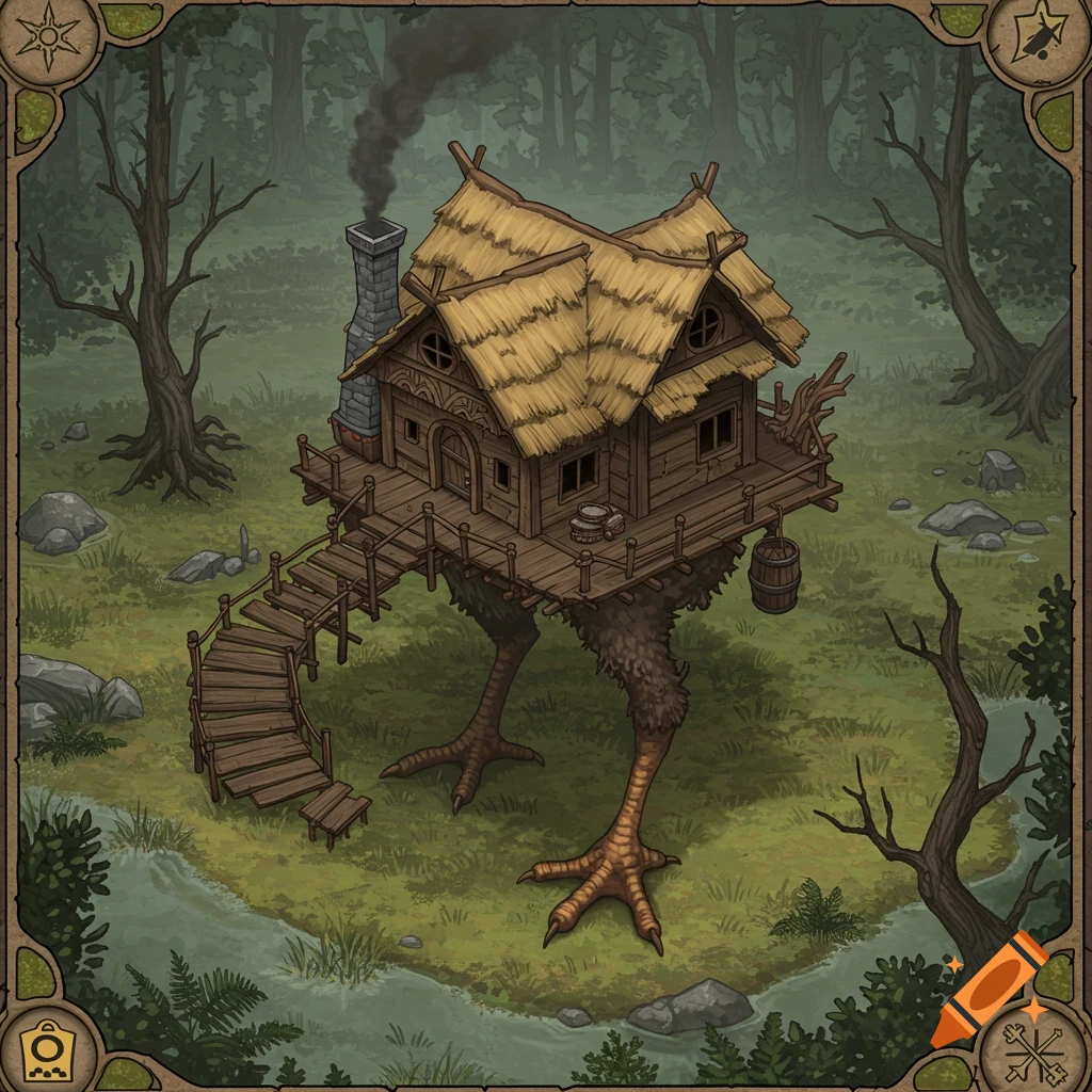 A fantasy hut with a thatched roof standing on chicken legs in a forest.