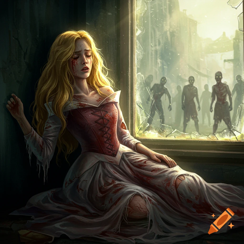 A bloodied woman in a torn dress sits by a broken window with zombies shuffling outside.