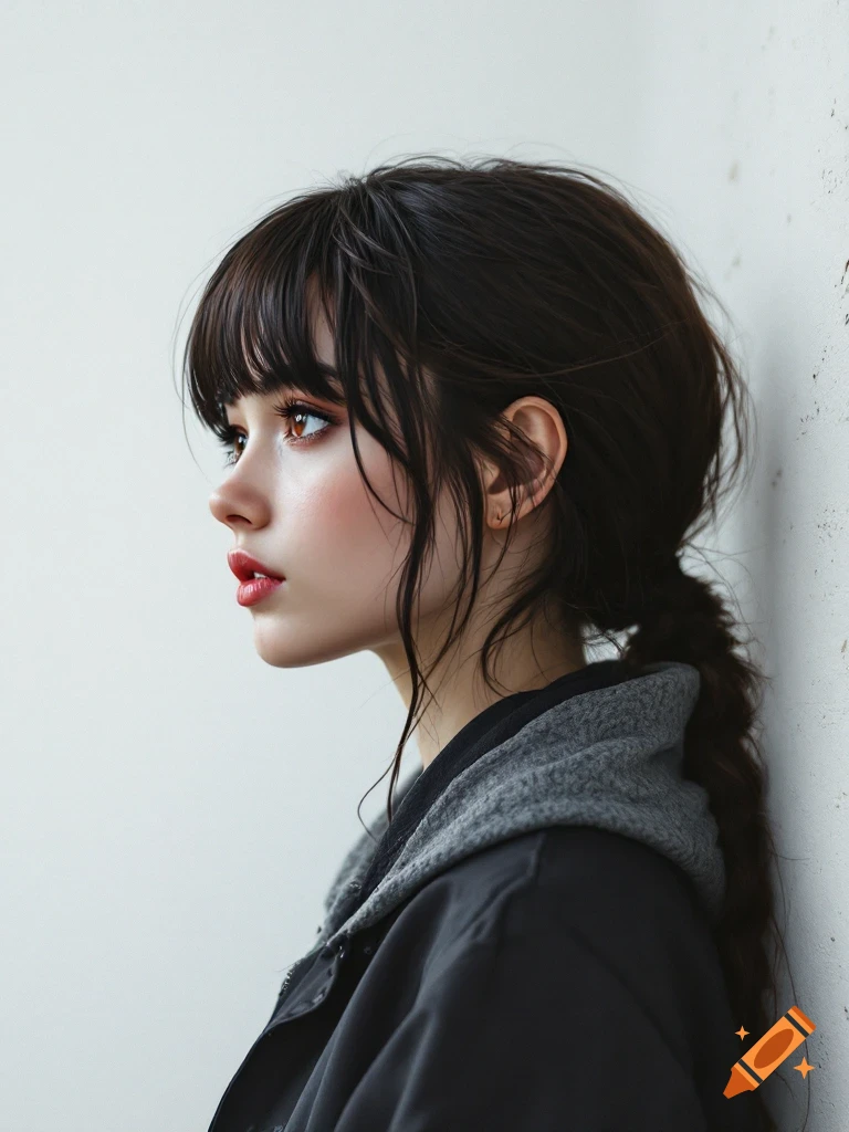Profile portrait of a woman with dark hair and red lipstick wearing a hooded jacket.