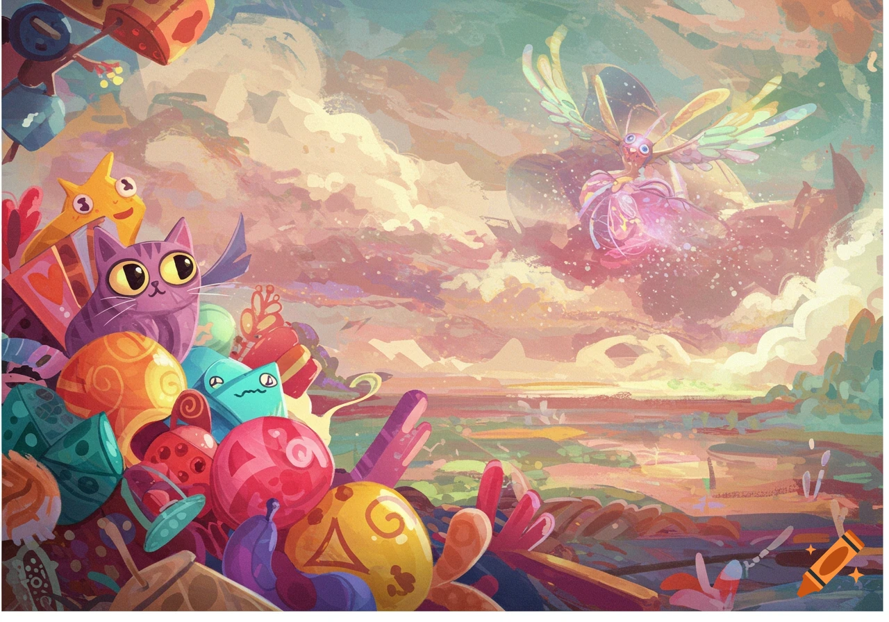 A colourful image of a purple cat and a winged creature among abstract plants and shapes.