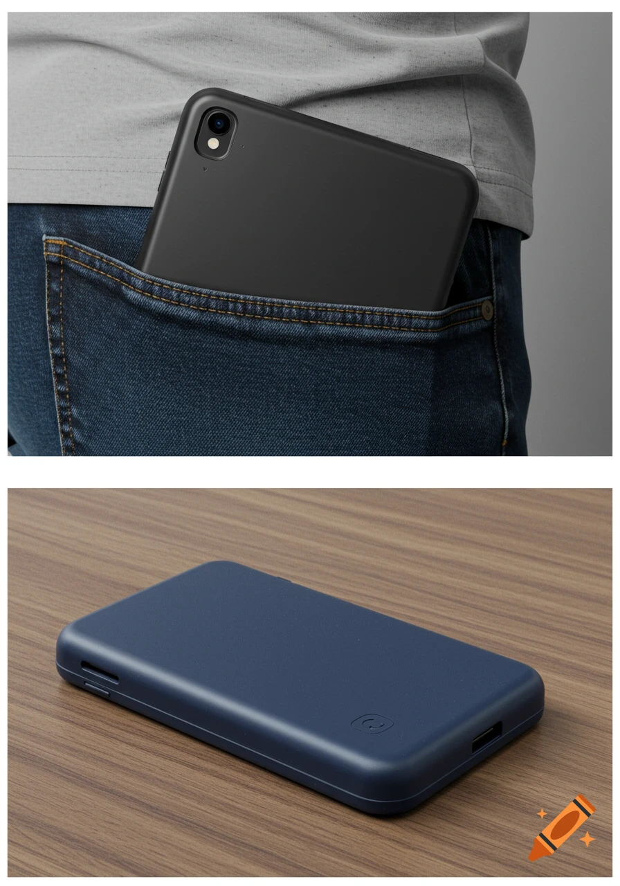 A black tech object in a jean pocket and a blue rectangle object on a wood table.