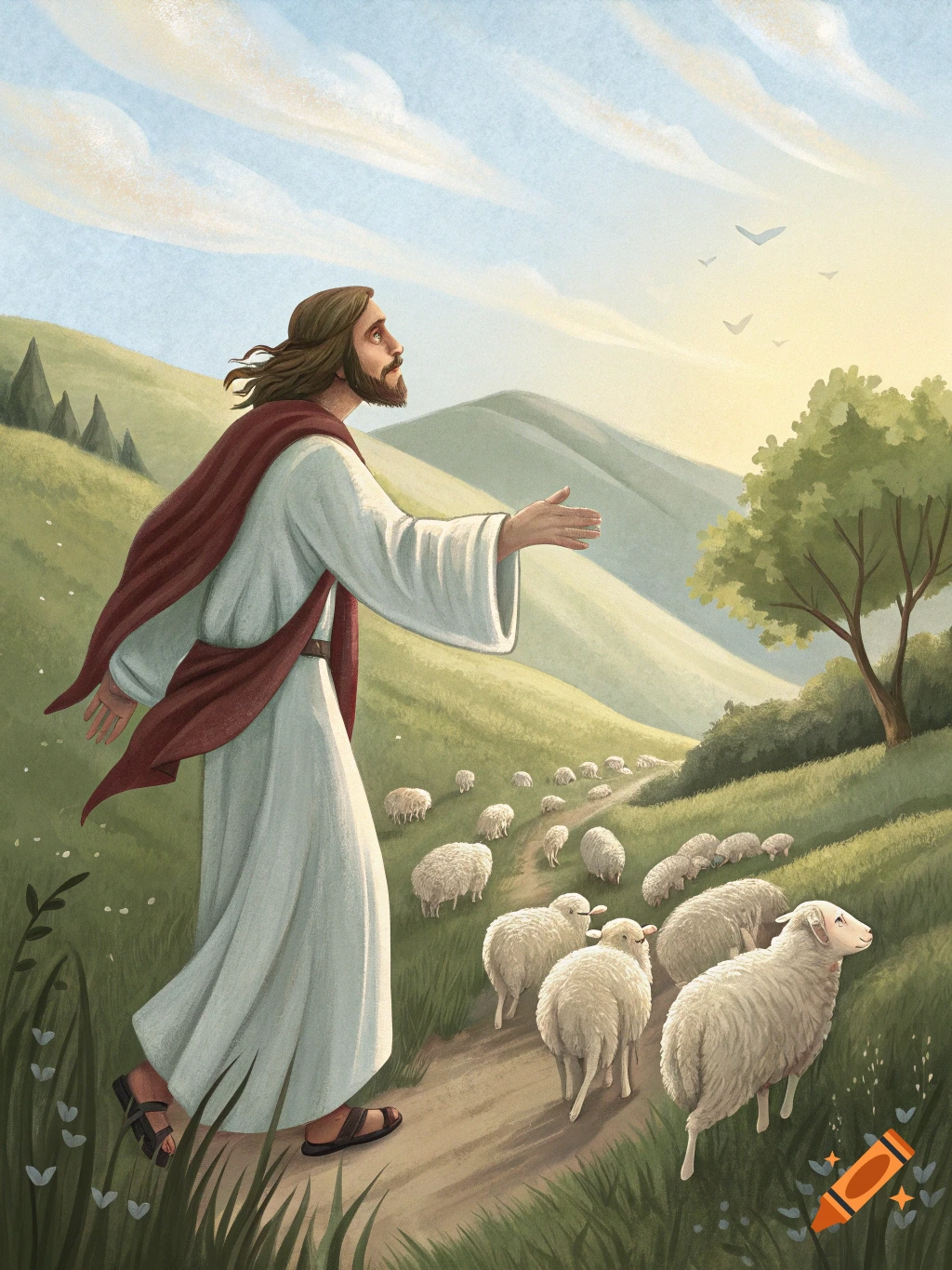 An illustration of Jesus in robes walking along a dirt path with sheep following him through a grassy hillside landscape.
