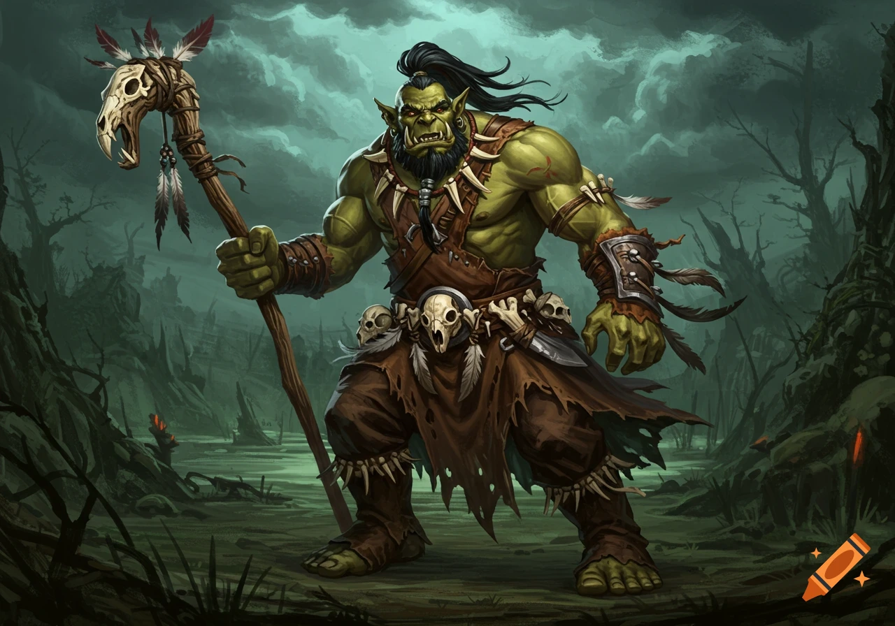 A green ogre shaman with tusks holds a skull staff in a swamp, painted fantasy style.
