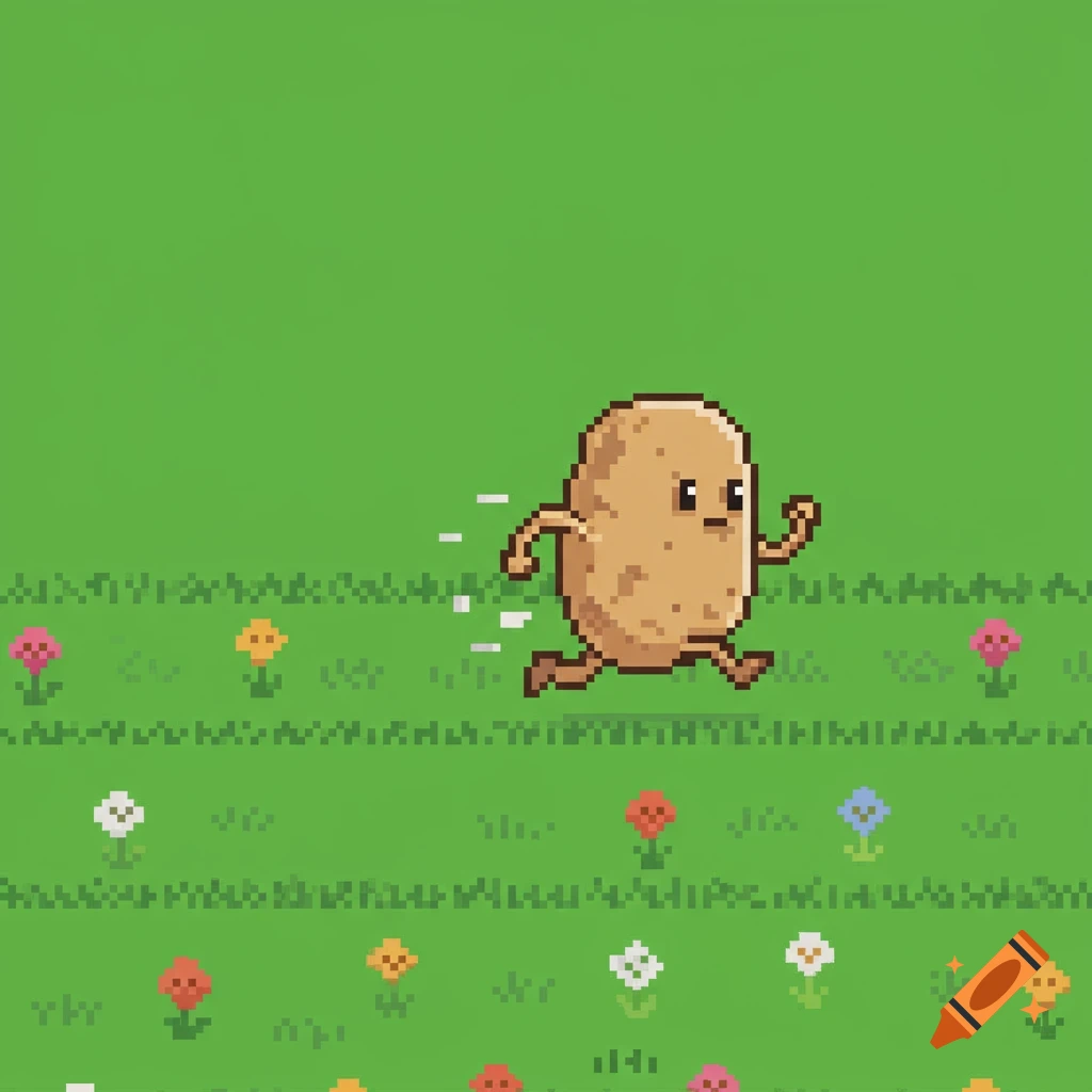 Pixel art cartoon potato running through a field of flowers.