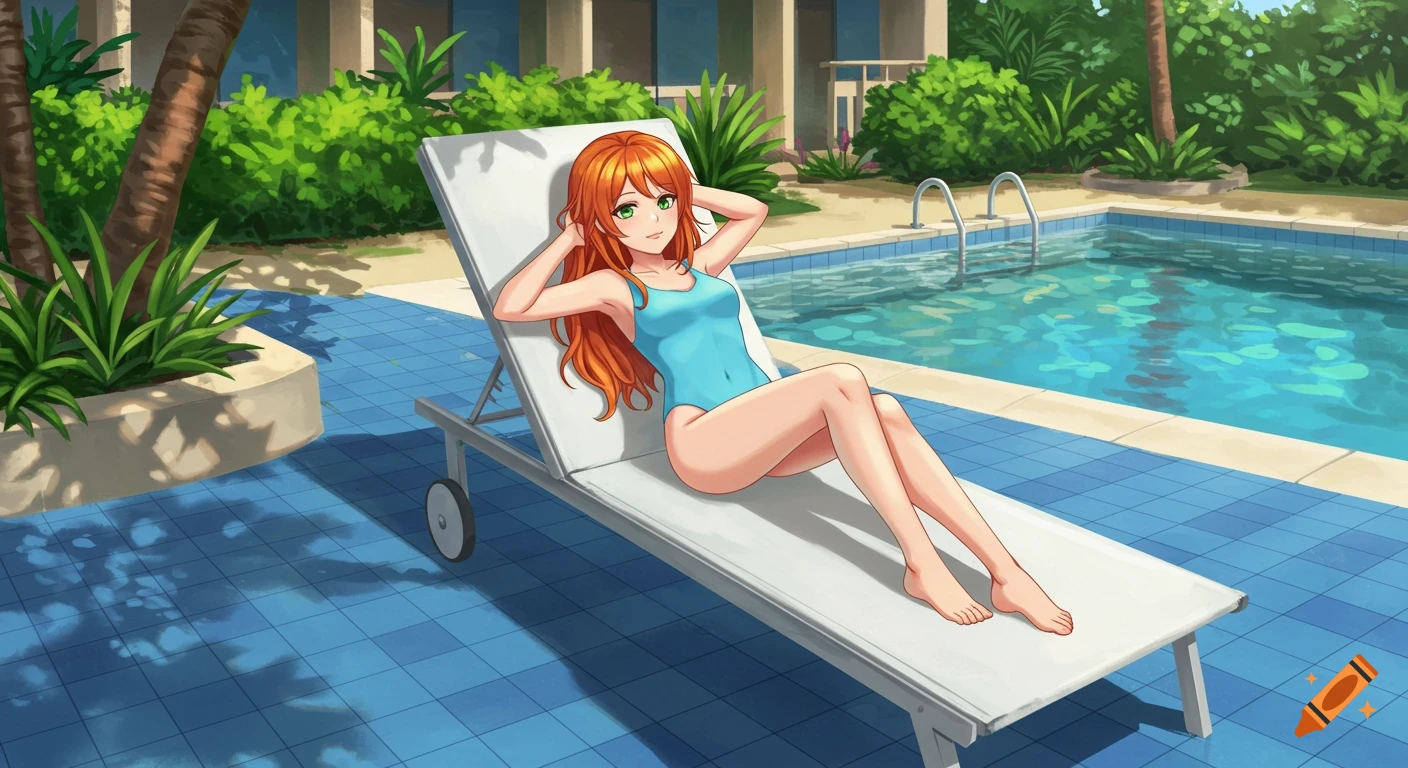 Anime girl with red hair and green eyes in a blue swimsuit on a lounge chair by a pool.